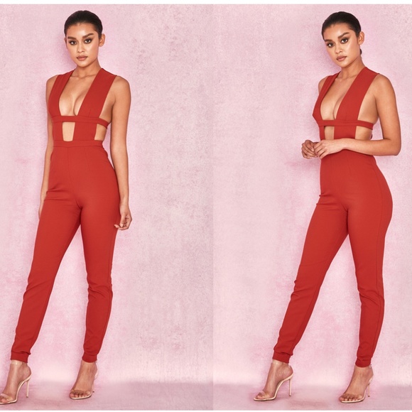 House Of CB, 'Alexis' Rust Extreme Plunge Crepe Jumpsuit - Picture 3 of 11